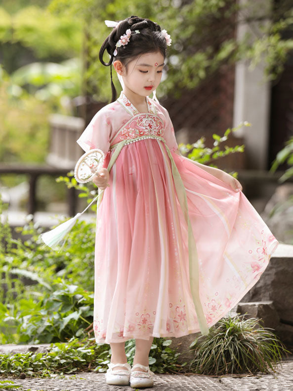 Pink Cherry Blossoms Kids Girls Ancient Hanfu 汉服 Costume Dress
