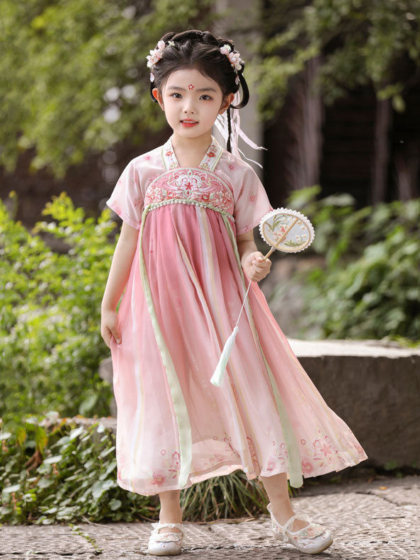 Pink Cherry Blossoms Kids Girls Ancient Hanfu 汉服 Costume Dress
