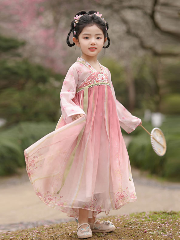 Pink Cherry Blossoms Kids Girls Ancient Hanfu 汉服 Costume Dress