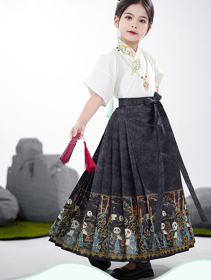 2 Pieces Kids Girls Ancient Hanfu Black Horse Face Skirt Costume Dress