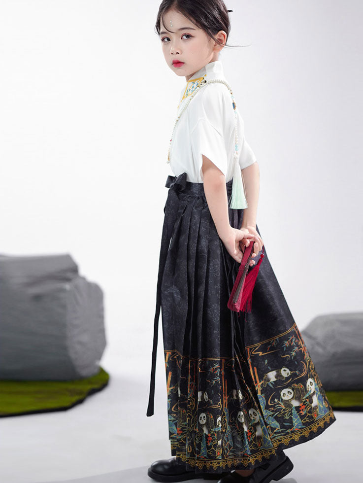 2 Pieces Kids Girls Ancient Hanfu Black Horse Face Skirt Costume Dress