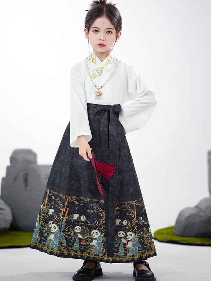 2 Pieces Kids Girls Ancient Hanfu Black Horse Face Skirt Costume Dress