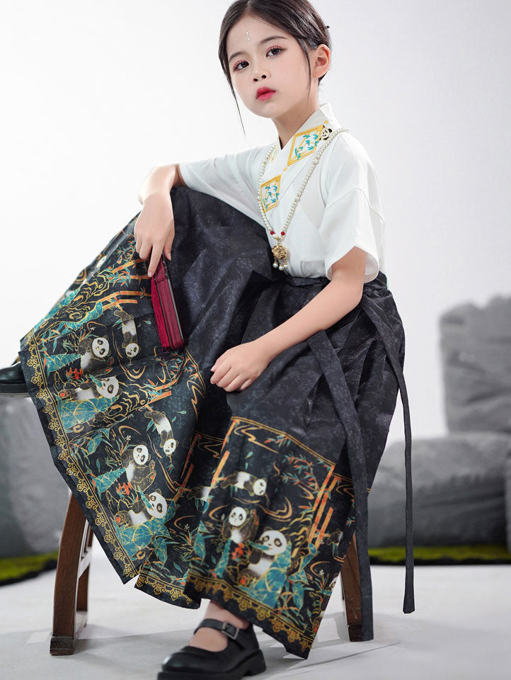 2 Pieces Kids Girls Ancient Hanfu Black Horse Face Skirt Costume Dress