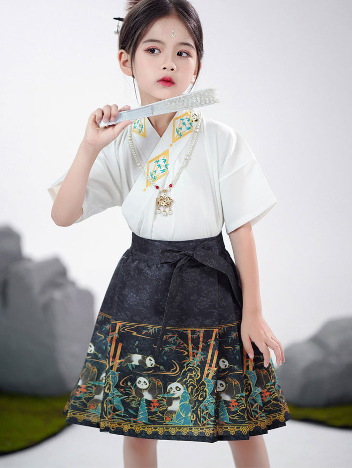 2 Pieces Kids Girls Ancient Hanfu Black Horse Face Skirt Costume Dress