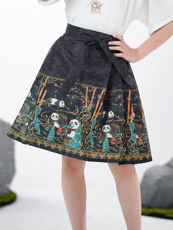 2 Pieces Kids Girls Ancient Hanfu Black Horse Face Skirt Costume Dress