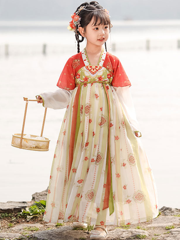 Embroidered Floral Kids Girls Ancient Hanfu 汉服 Costume Dress