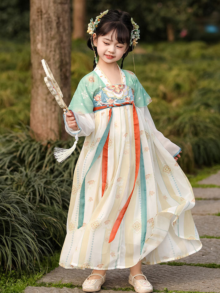 Blue Red Embroidered Floral Kids Girls Ancient Hanfu 汉服 Costume Dress