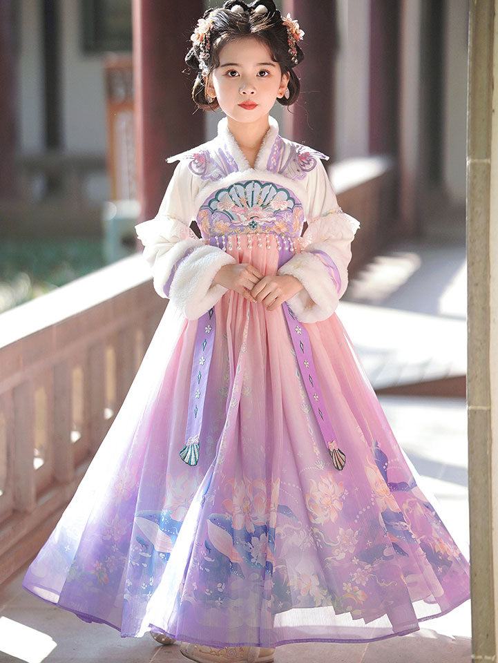 Purple Fleeced Kids Girls Chinese Winter Hanfu 汉服 Costume Dress