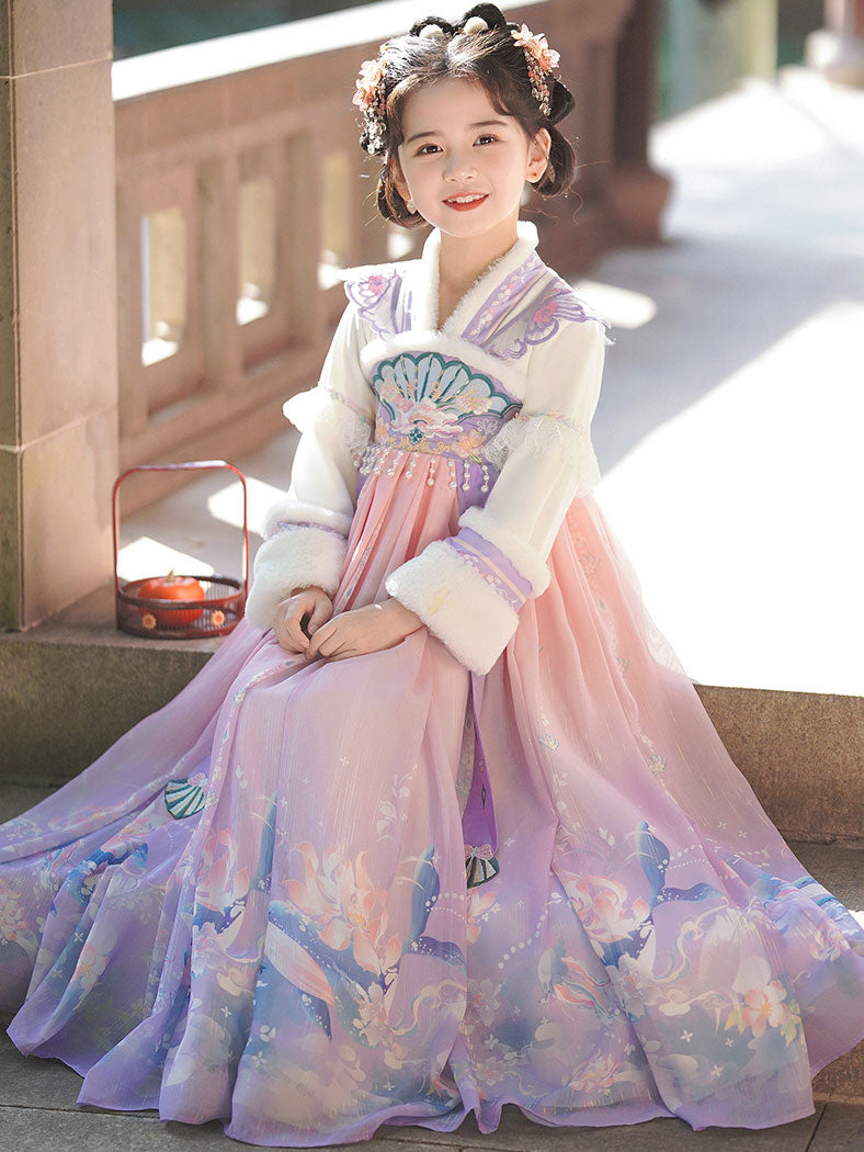 Purple Fleeced Kids Girls Chinese Winter Hanfu 汉服 Costume Dress
