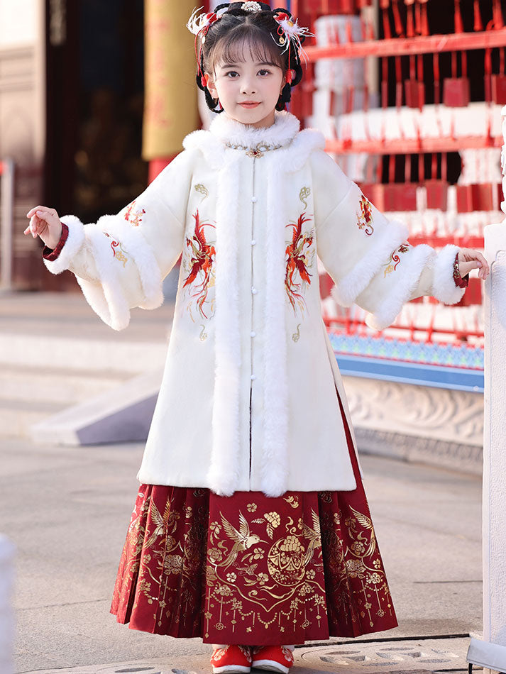 2 Pieces Kids Girls Ancient Hanfu 汉服 Embroidered Coat Horse Face Skirt