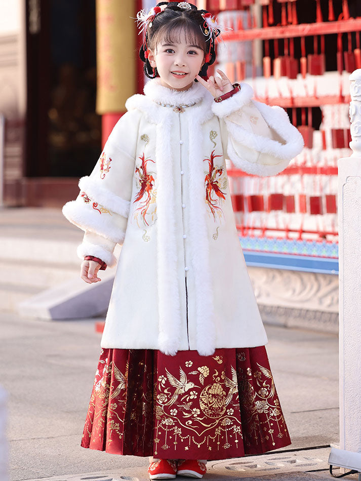 2 Pieces Kids Girls Ancient Hanfu 汉服 Embroidered Coat Horse Face Skirt