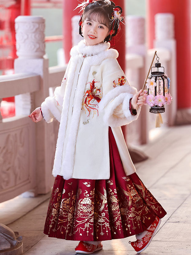 2 Pieces Kids Girls Ancient Hanfu 汉服 Embroidered Coat Horse Face Skirt