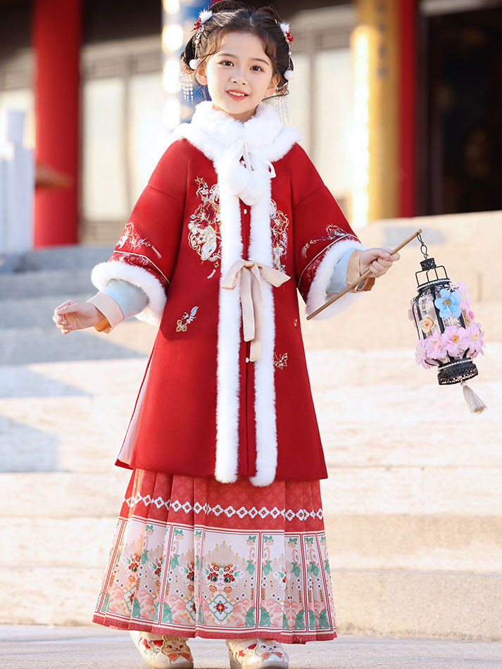 Red 2 Pieces Kids Girls Chinese Hanfu Embroidered Coat Horse Face Skirt