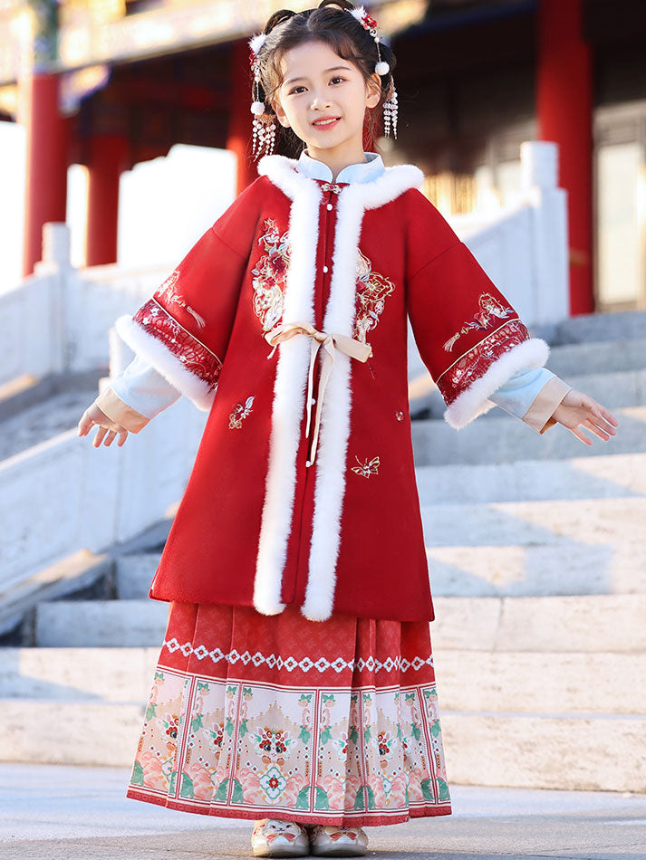 Red 2 Pieces Kids Girls Chinese Hanfu Embroidered Coat Horse Face Skirt