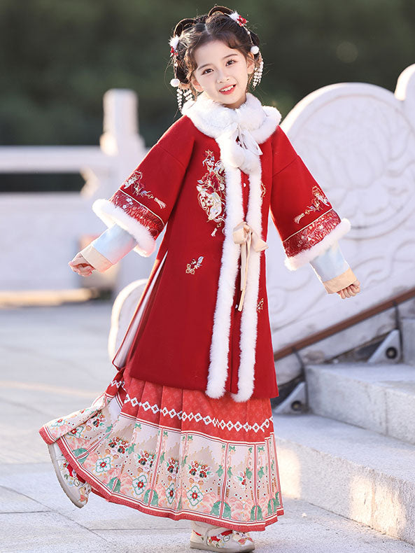 Red 2 Pieces Kids Girls Chinese Hanfu Embroidered Coat Horse Face Skirt