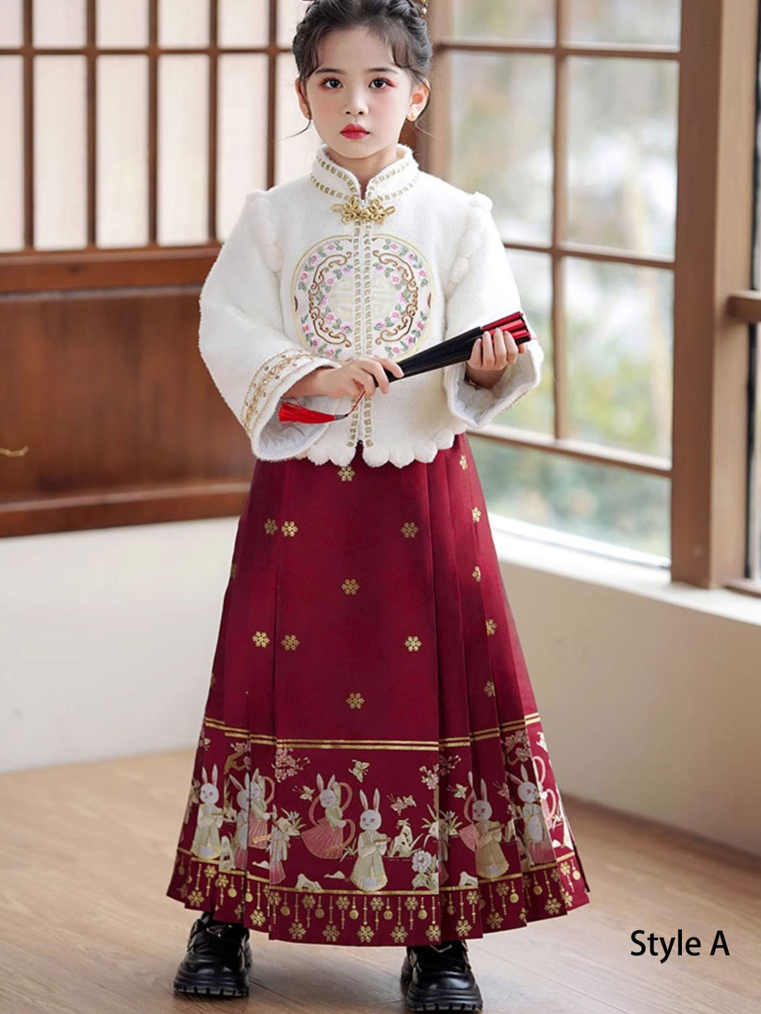 2 Pieces Kids Girls Winter Hanfu Red Horse Face Skirt Costume Dress