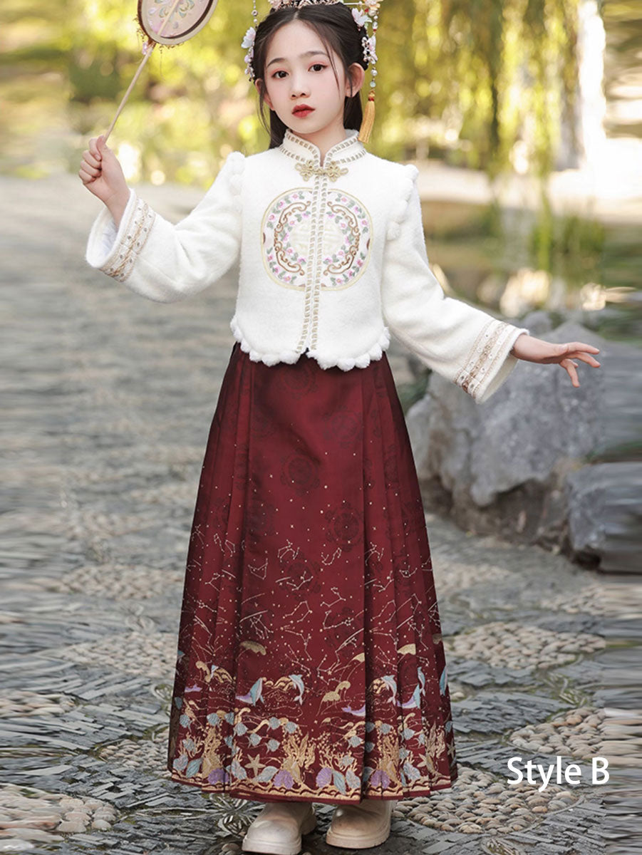 2 Pieces Kids Girls Winter Hanfu Red Horse Face Skirt Costume Dress