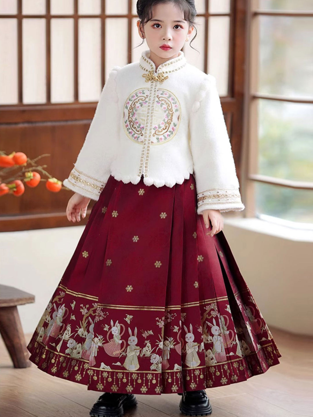 2 Pieces Kids Girls Winter Hanfu Red Horse Face Skirt Costume Dress