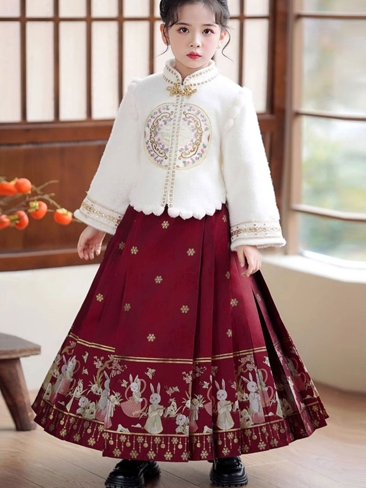 2 Pieces Kids Girls Winter Hanfu Red Horse Face Skirt Costume Dress