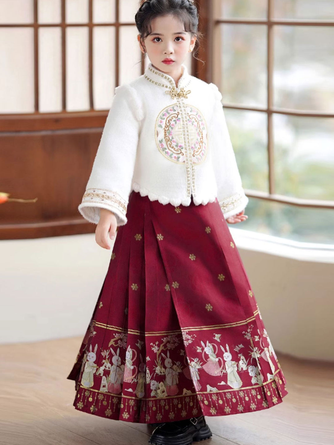 2 Pieces Kids Girls Winter Hanfu Red Horse Face Skirt Costume Dress