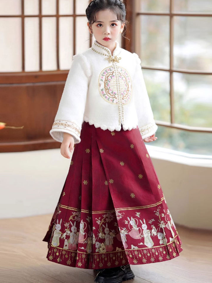 2 Pieces Kids Girls Winter Hanfu Red Horse Face Skirt Costume Dress