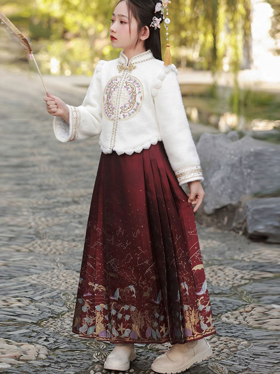 2 Pieces Kids Girls Winter Hanfu Red Horse Face Skirt Costume Dress