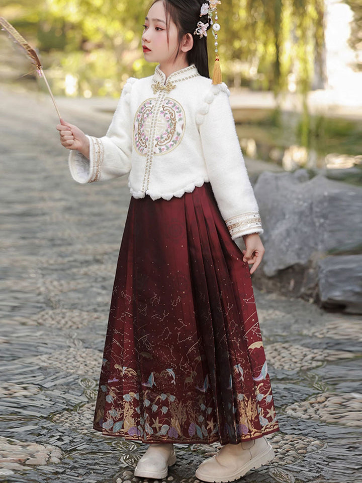 2 Pieces Kids Girls Winter Hanfu Red Horse Face Skirt Costume Dress