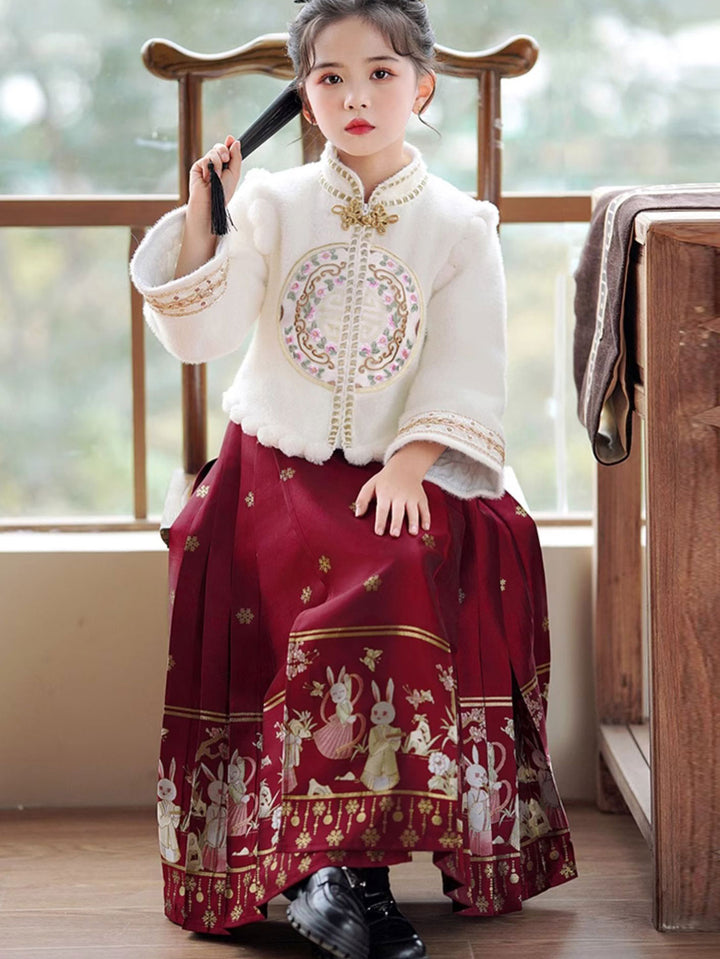 2 Pieces Kids Girls Winter Hanfu Red Horse Face Skirt Costume Dress