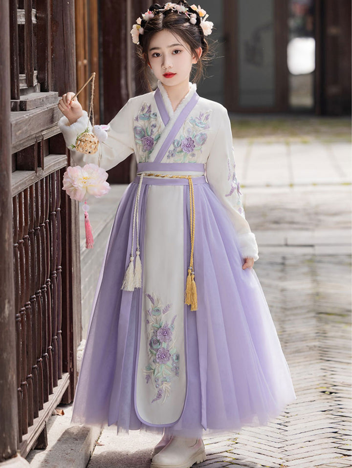 Purple Red Fleeced Floral Kids Girls Chinese Winter Hanfu Costume Dress