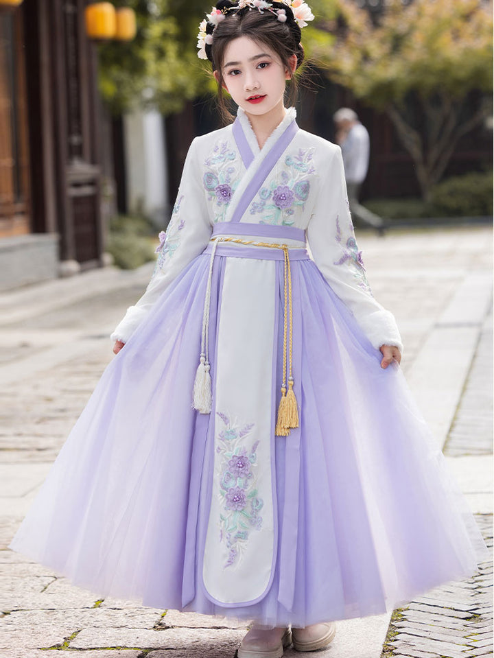 Purple Red Fleeced Floral Kids Girls Chinese Winter Hanfu Costume Dress