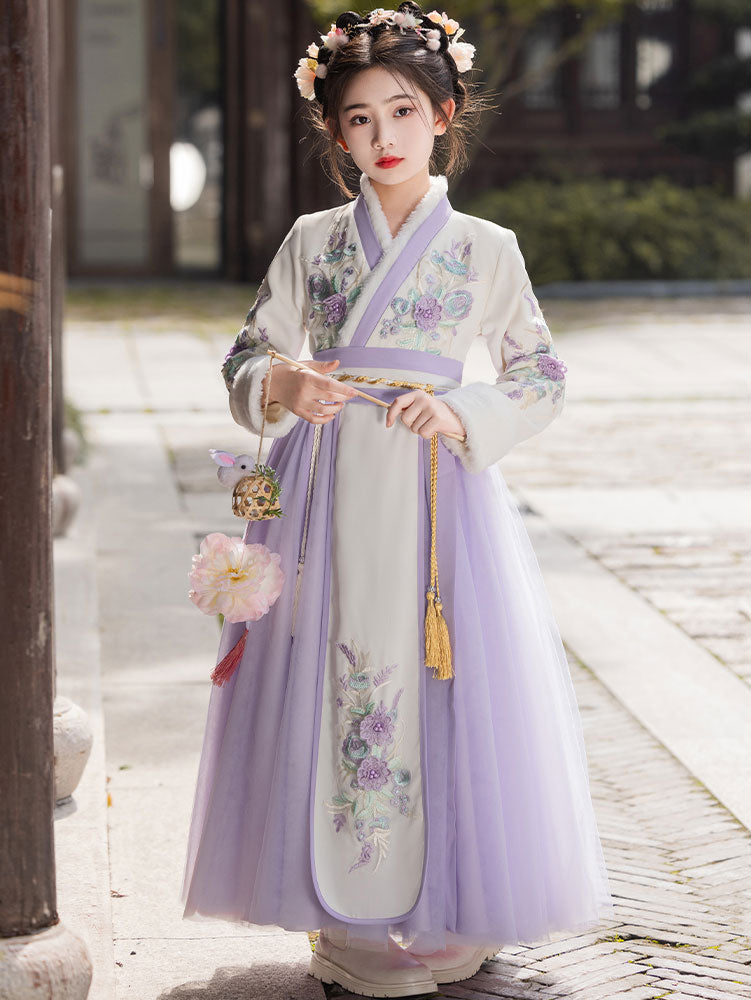 Purple Red Fleeced Floral Kids Girls Chinese Winter Hanfu Costume Dress