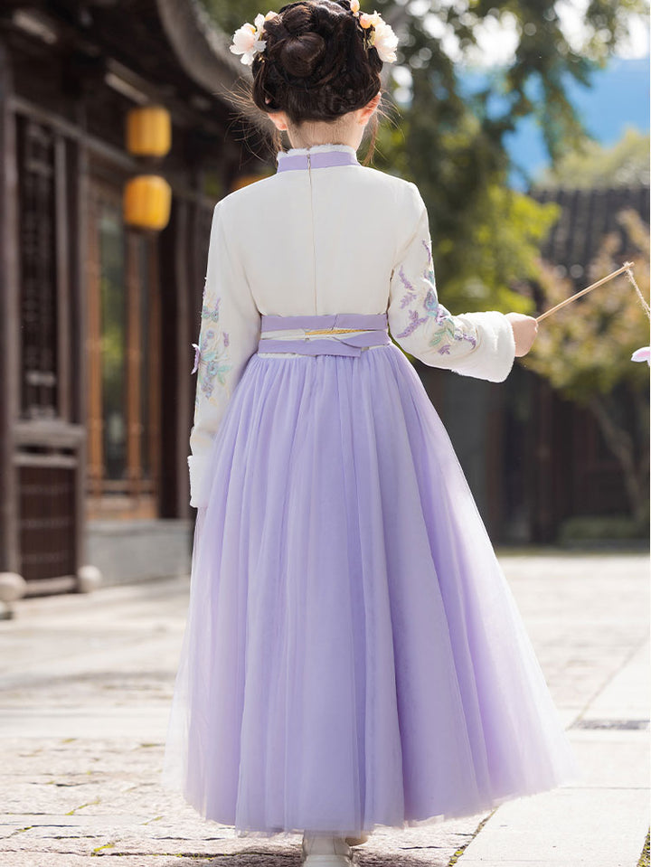 Purple Red Fleeced Floral Kids Girls Chinese Winter Hanfu Costume Dress