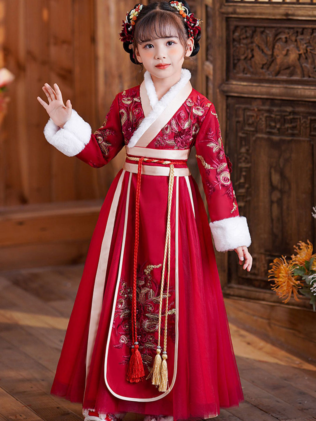 Purple Red Fleeced Floral Kids Girls Chinese Winter Hanfu Costume Dress