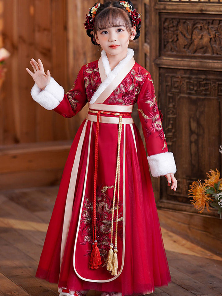 Purple Red Fleeced Floral Kids Girls Chinese Winter Hanfu Costume Dress