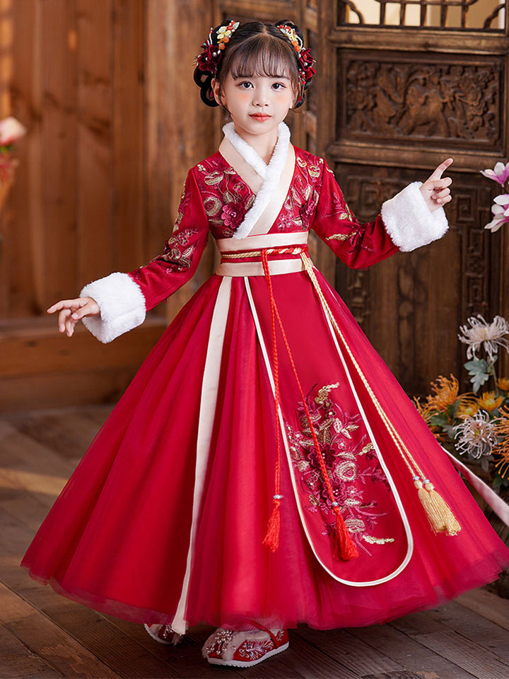 Purple Red Fleeced Floral Kids Girls Chinese Winter Hanfu Costume Dress