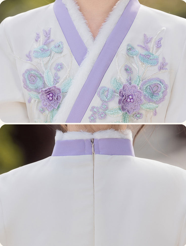 Purple Red Fleeced Floral Kids Girls Chinese Winter Hanfu Costume Dress