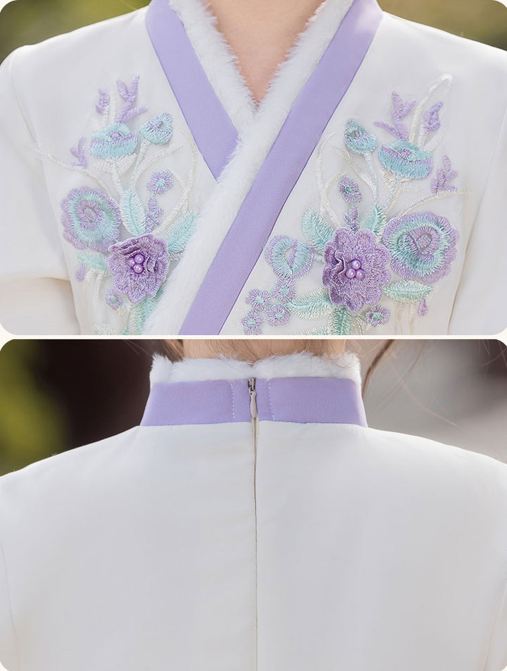 Purple Red Fleeced Floral Kids Girls Chinese Winter Hanfu Costume Dress