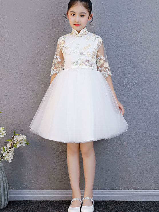 White Pink Embroidered Flower Girl Tulle Cheongsam Dress