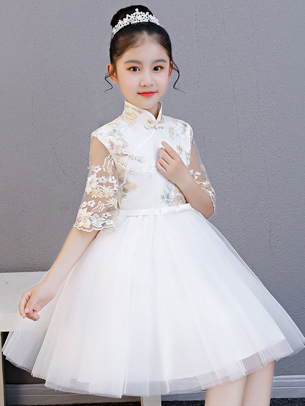 White Pink Embroidered Flower Girl Tulle Cheongsam Dress