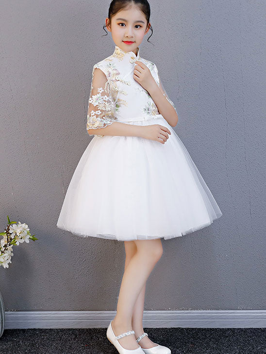 White Pink Embroidered Flower Girl Tulle Cheongsam Dress