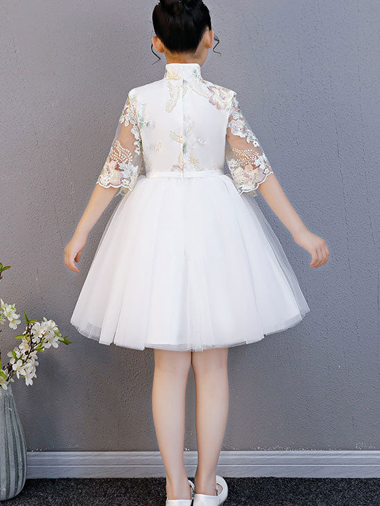 White Pink Embroidered Flower Girl Tulle Cheongsam Dress