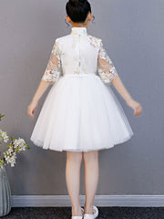 White Pink Embroidered Flower Girl Tulle Cheongsam Dress