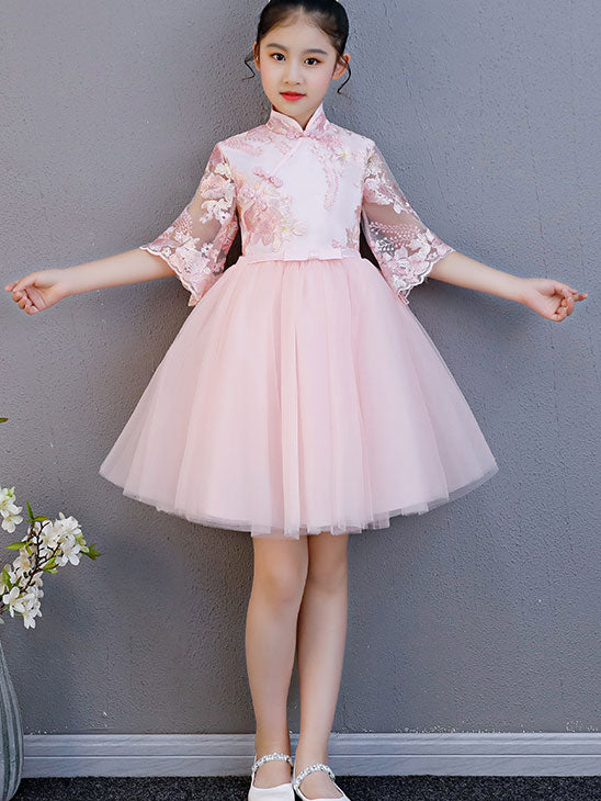 White Pink Embroidered Flower Girl Tulle Cheongsam Dress