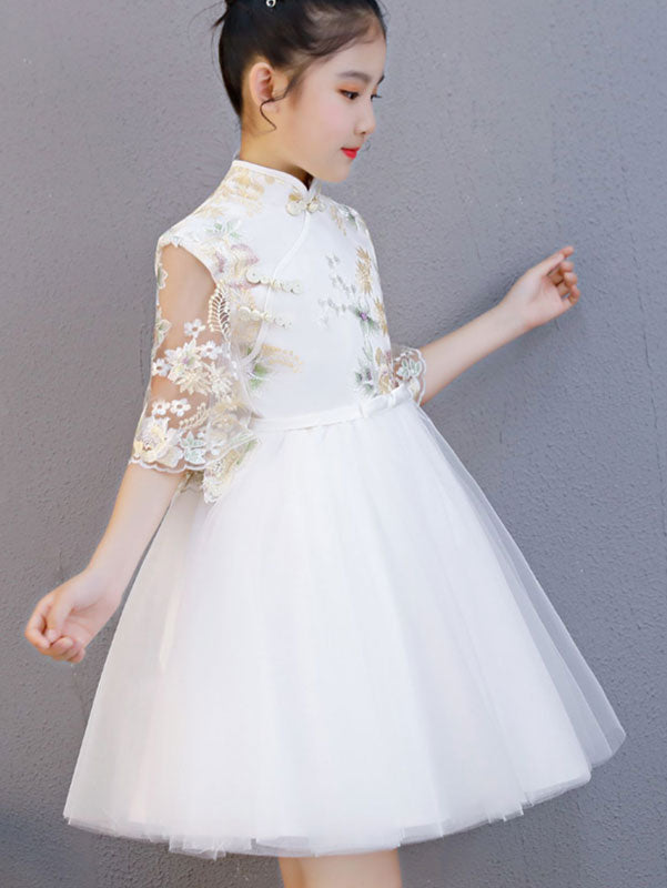 White Pink Embroidered Flower Girl Tulle Cheongsam Dress