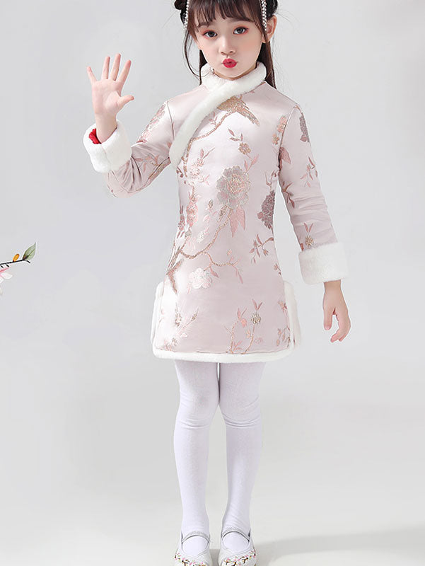 Pink Floral Kids Girls Winter Qipao Cheongsam Dress