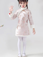 Pink Floral Kids Girls Winter Qipao Cheongsam Dress