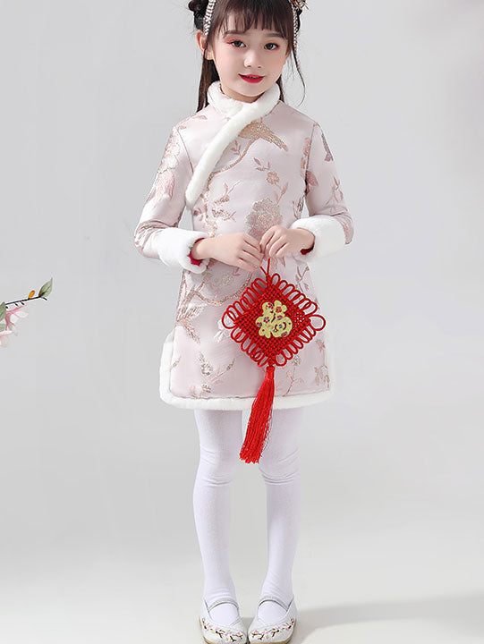 Pink Jacquard Kids Girls Winter Qipao Cheongsam Dress