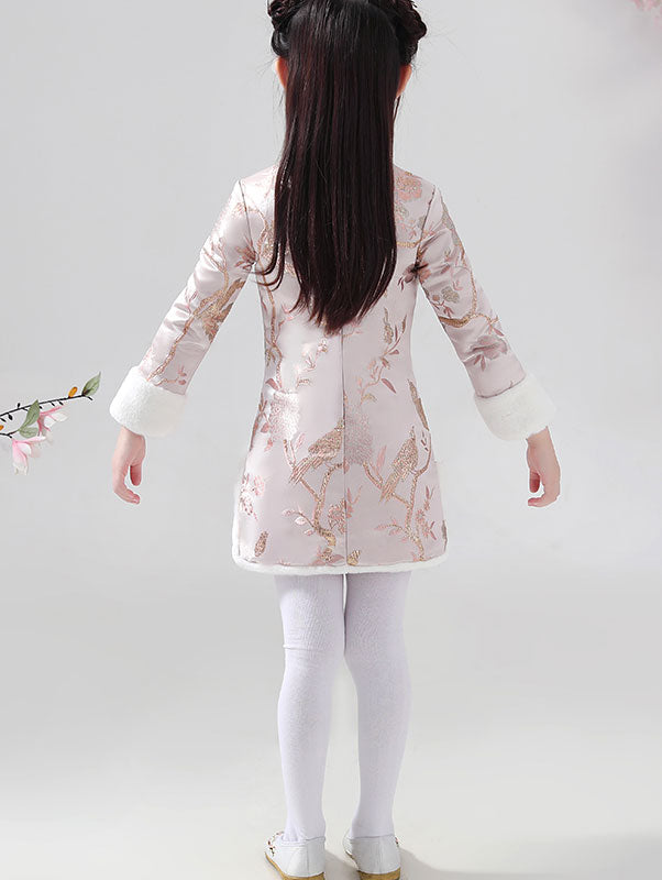 Pink Jacquard Kids Girls Winter Qipao Cheongsam Dress