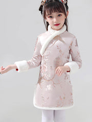 Pink Jacquard Kids Girls Winter Qipao Cheongsam Dress
