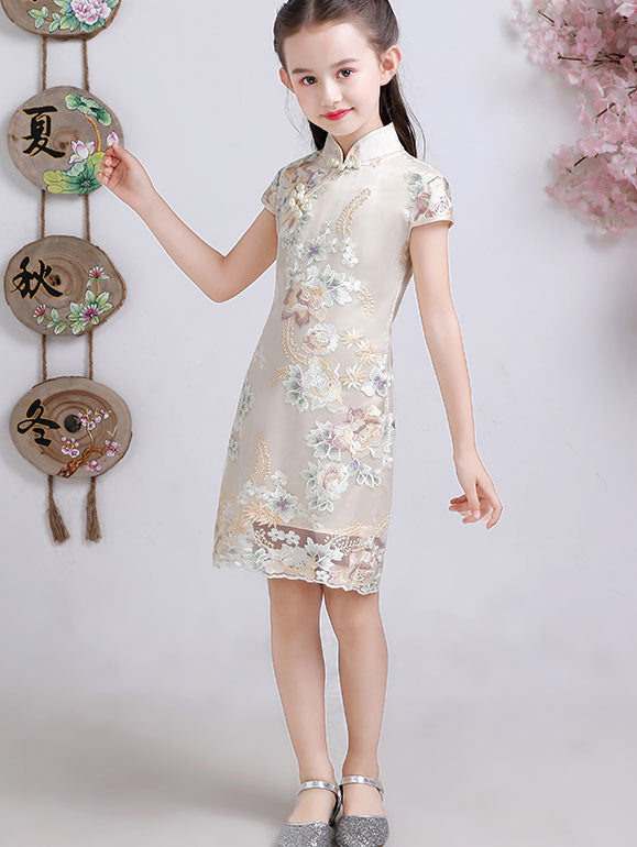 Embroidered Overlay Kids Girls Cheongsam Dress